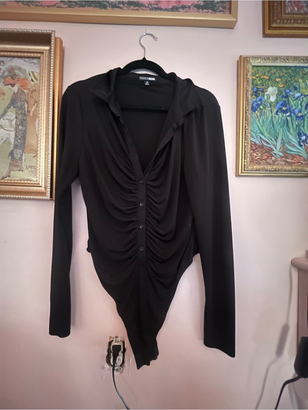 Fashion Nova Black Ruched Collared Long Sleeve Bodysuit Size M
